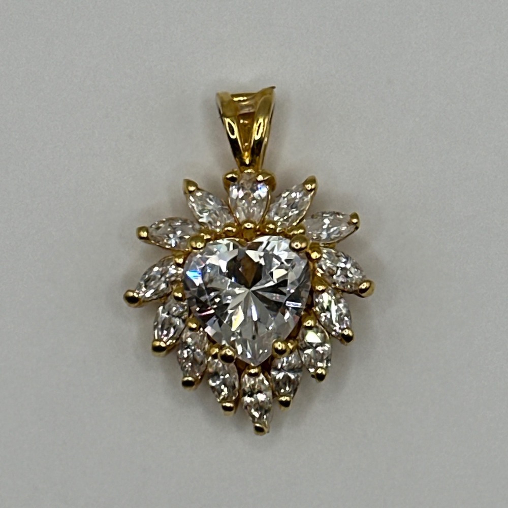 Gold Tone Heart Sunburst Halo Pendant Marquise Cubic Zirconia Charm